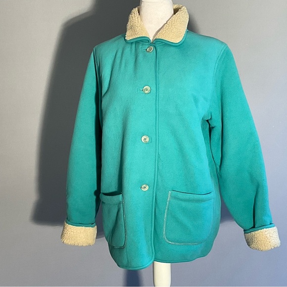 Denim & Co Turquoise Fleece Jacket Sherpa Collar Cozy Casual Button Front - Picture 4 of 16